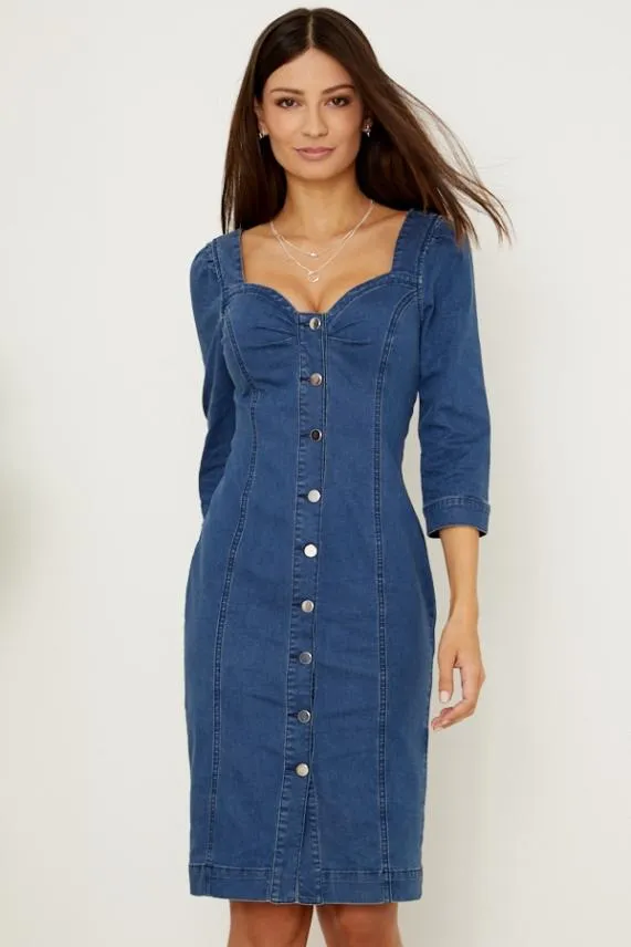 Sosandar Indigo Button Front Sweetheart Neck Denim Dress Indigo Women Dresses