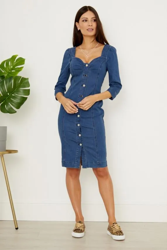 Sosandar Indigo Button Front Sweetheart Neck Denim Dress Indigo Women Dresses