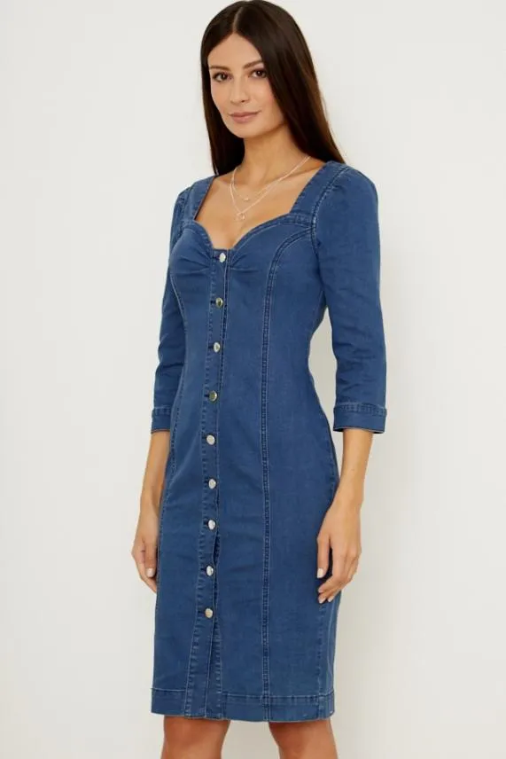 Sosandar Indigo Button Front Sweetheart Neck Denim Dress Indigo Women Dresses