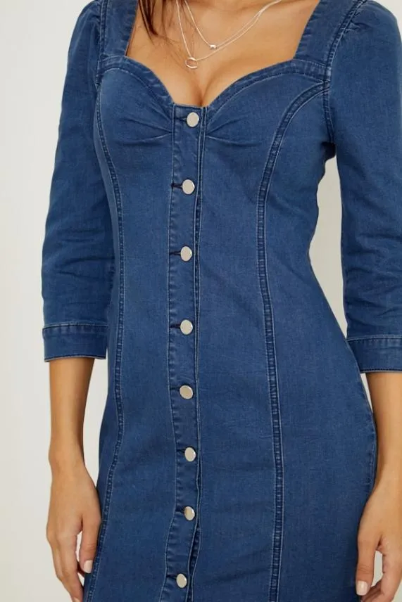 Sosandar Indigo Button Front Sweetheart Neck Denim Dress Indigo Women Dresses