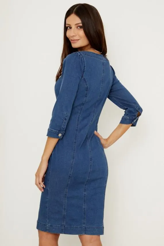 Sosandar Indigo Button Front Sweetheart Neck Denim Dress Indigo Women Dresses