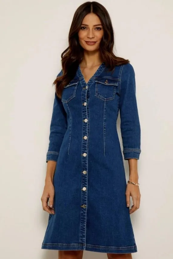 Sosandar Indigo V Neck Button Front Denim Dress Indigo Women Dresses