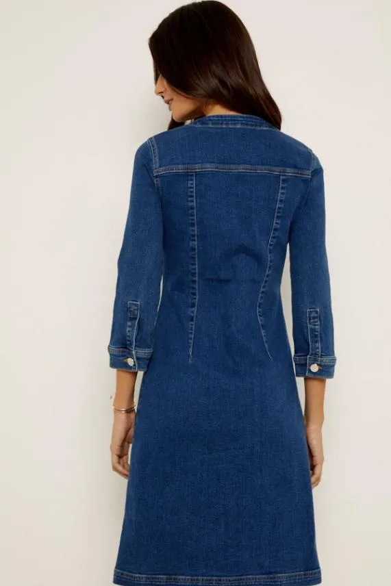 Sosandar Indigo V Neck Button Front Denim Dress Indigo Women Dresses