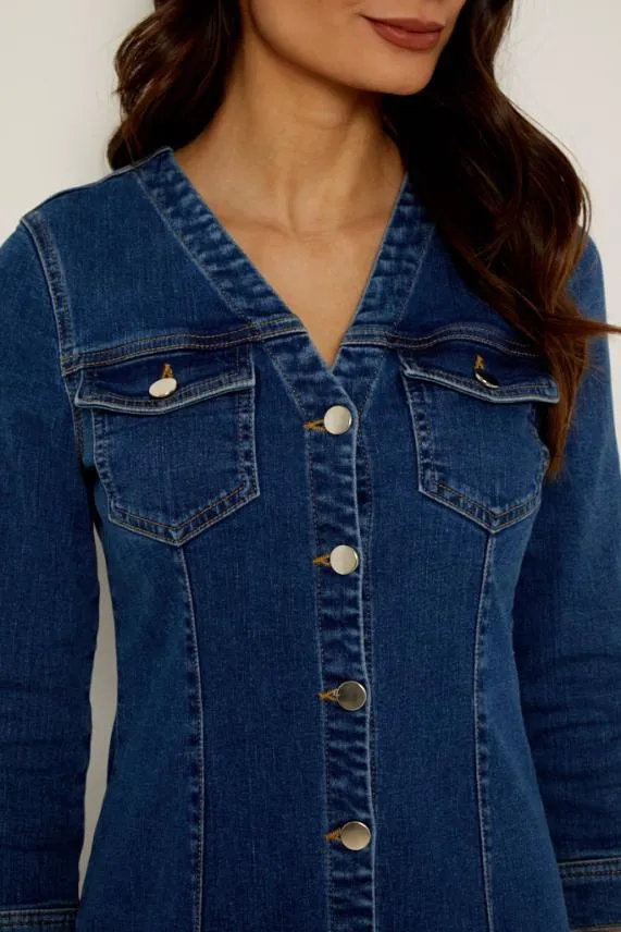 Sosandar Indigo V Neck Button Front Denim Dress Indigo Women Dresses