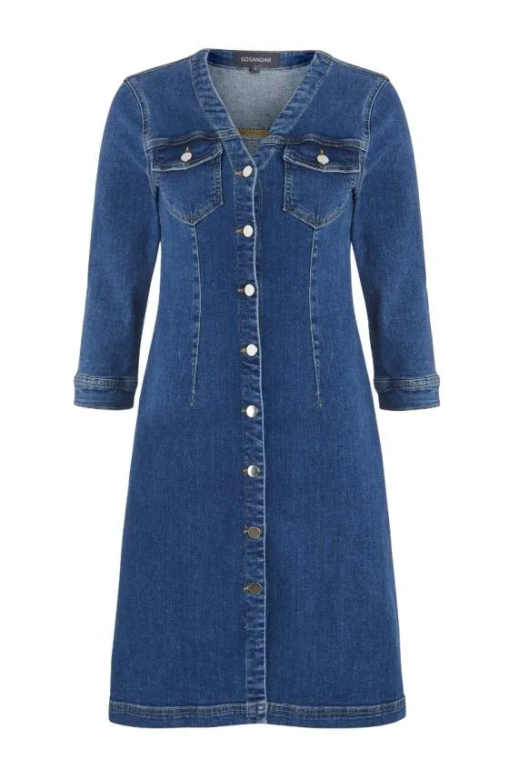 Sosandar Indigo V Neck Button Front Denim Dress Indigo Women Dresses