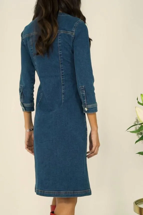 Sosandar Indigo V Neck Button Front Denim Dress Indigo Women Dresses