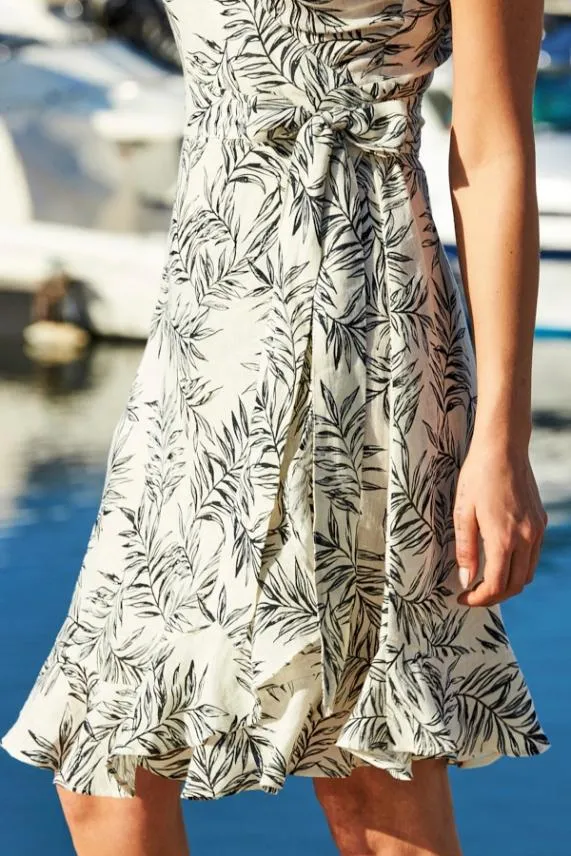 Sosandar Ivory and Black Floral Print Linen Wrap Dress Ivory Black Women Dresses