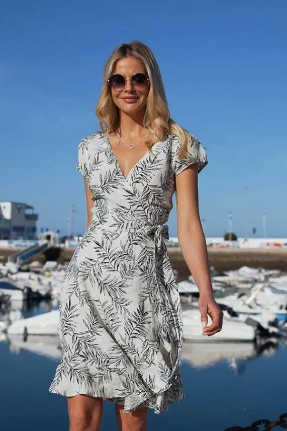 Sosandar Ivory and Black Floral Print Linen Wrap Dress Ivory Black Women Dresses