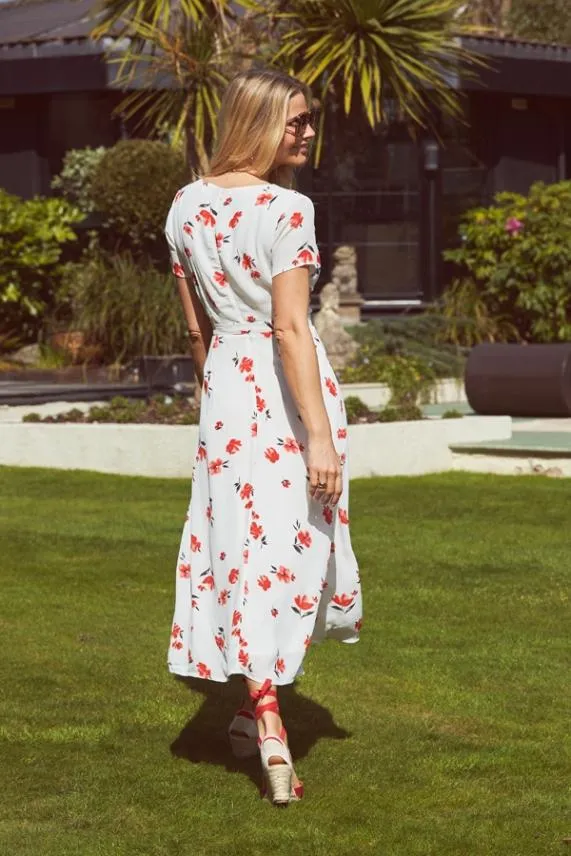 Sosandar Ivory and Red Floral Print Split Front Wrap Maxi Dress Ivory Red Women Dresses