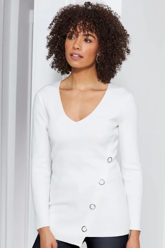 Sosandar Ivory Eyelet Detail V Neck Jumper Ivory Women Knitwear