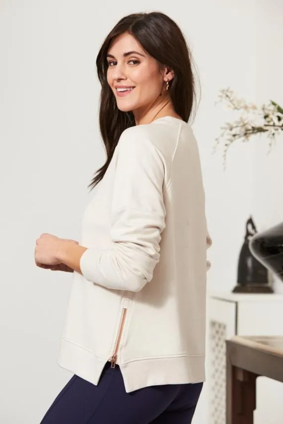 Sosandar Ivory Premium Sweatshirt With Rose Gold Side Zips Ivory Women Loungewear