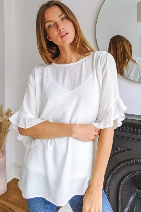 Sosandar Ivory Ruffle Sleeve Relaxed Fit Top Ivory Women Tops