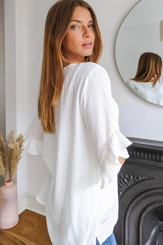 Sosandar Ivory Ruffle Sleeve Relaxed Fit Top Ivory Women Tops