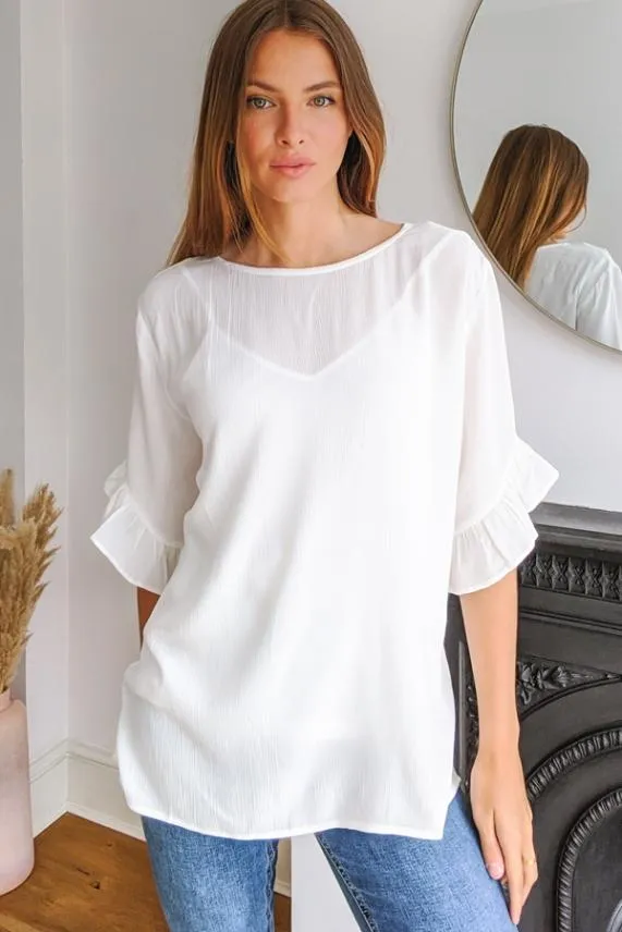 Sosandar Ivory Ruffle Sleeve Relaxed Fit Top Ivory Women Tops