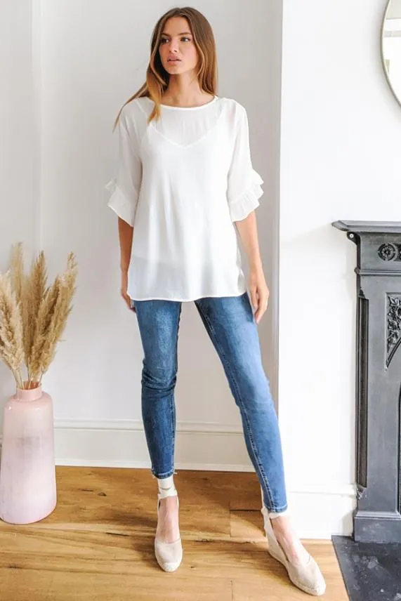 Sosandar Ivory Ruffle Sleeve Relaxed Fit Top Ivory Women Tops
