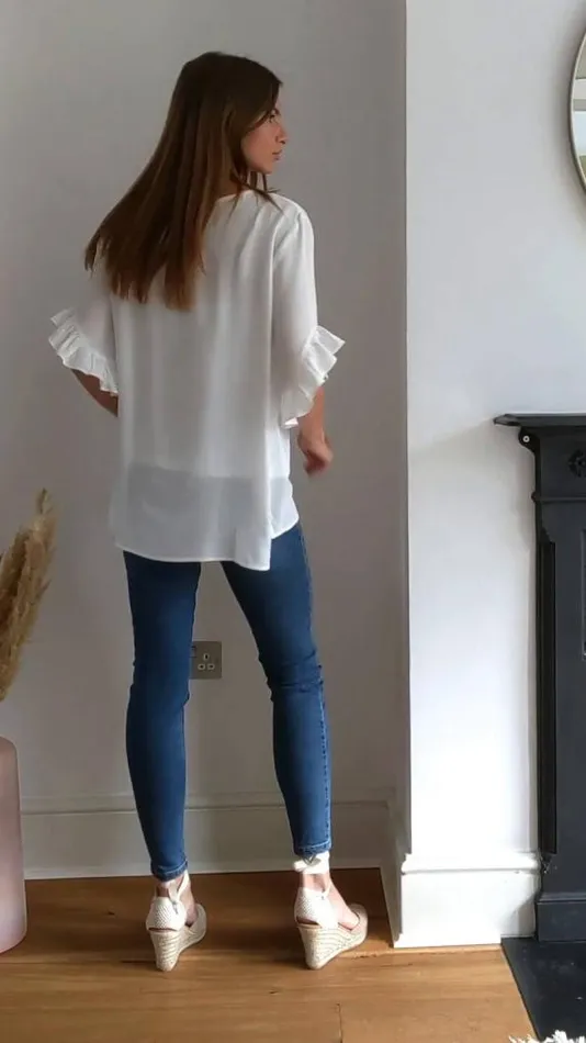 Sosandar Ivory Ruffle Sleeve Relaxed Fit Top Ivory Women Tops