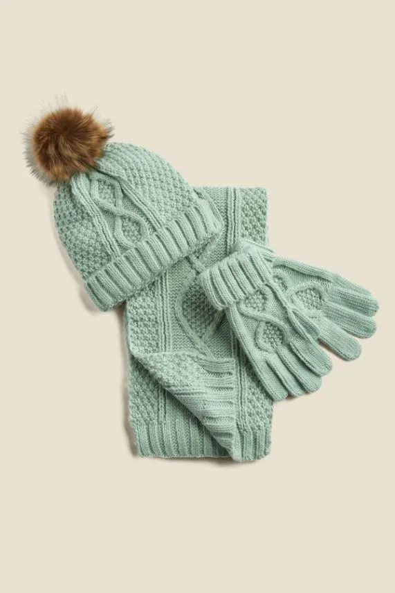 Sosandar Kelly Mint Green Cable Knit Scarf Green Women Hats Scarves and Gloves