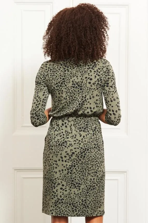 Sosandar Khaki Animal Print Stretch Waist Dress With Pockets Khaki Women Dresses