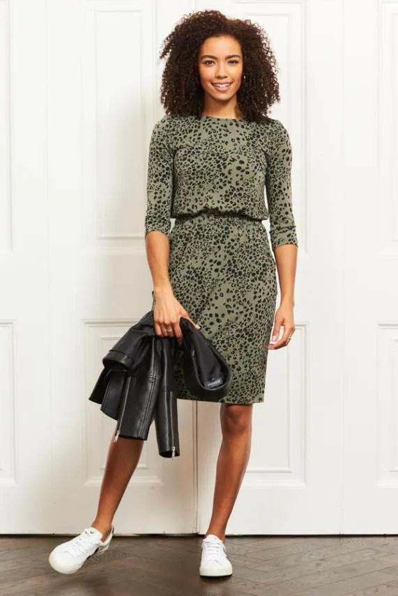 Sosandar Khaki Animal Print Stretch Waist Dress With Pockets Khaki Women Dresses