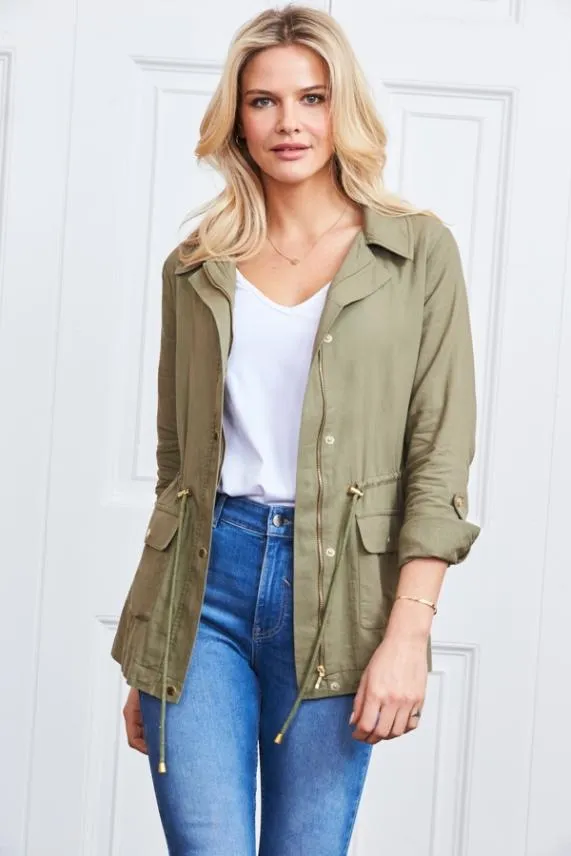 Sosandar Khaki Green Drawstring Waist Cargo Jacket Khaki Green Women Jackets and Coats Sosandar Khaki Green Drawstring Waist Cargo Jacket Khaki Green Women Jackets and Coats