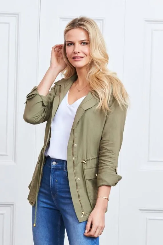 Sosandar Khaki Green Drawstring Waist Cargo Jacket Khaki Green Women Jackets and Coats