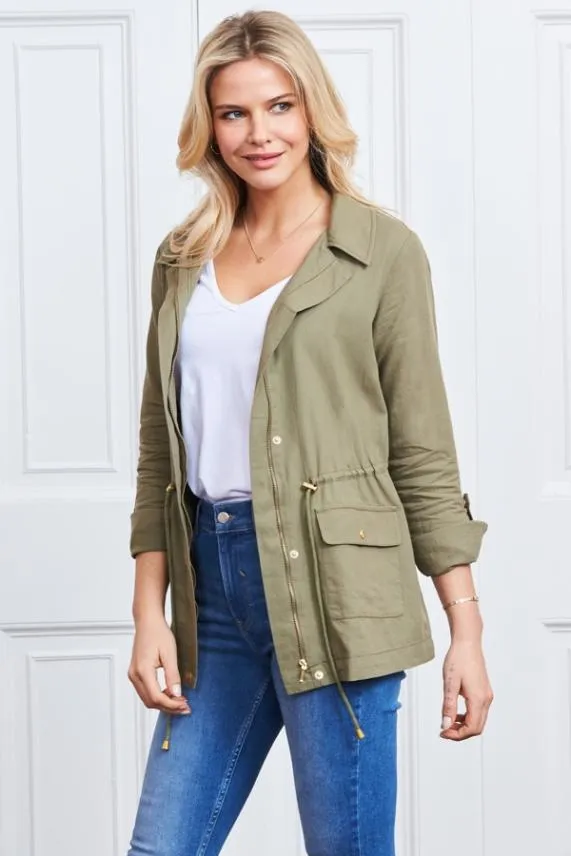 Sosandar Khaki Green Drawstring Waist Cargo Jacket Khaki Green Women Jackets and Coats