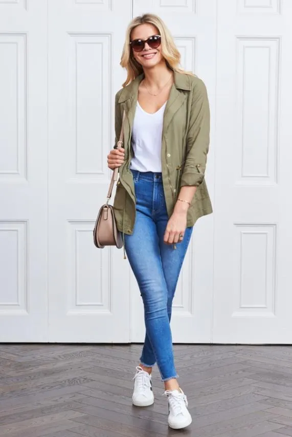 Sosandar Khaki Green Drawstring Waist Cargo Jacket Khaki Green Women Jackets and Coats