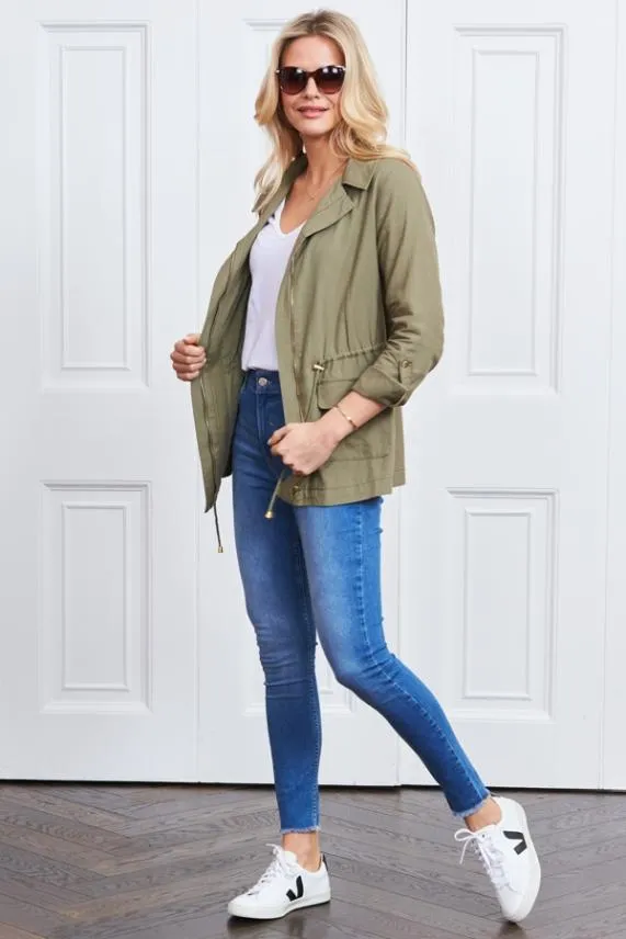 Sosandar Khaki Green Drawstring Waist Cargo Jacket Khaki Green Women Jackets and Coats