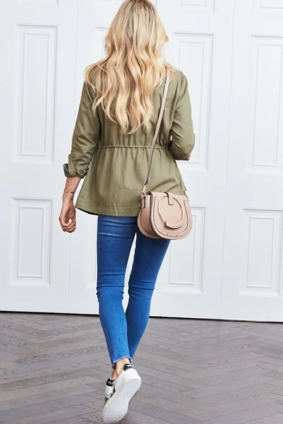 Sosandar Khaki Green Drawstring Waist Cargo Jacket Khaki Green Women Jackets and Coats