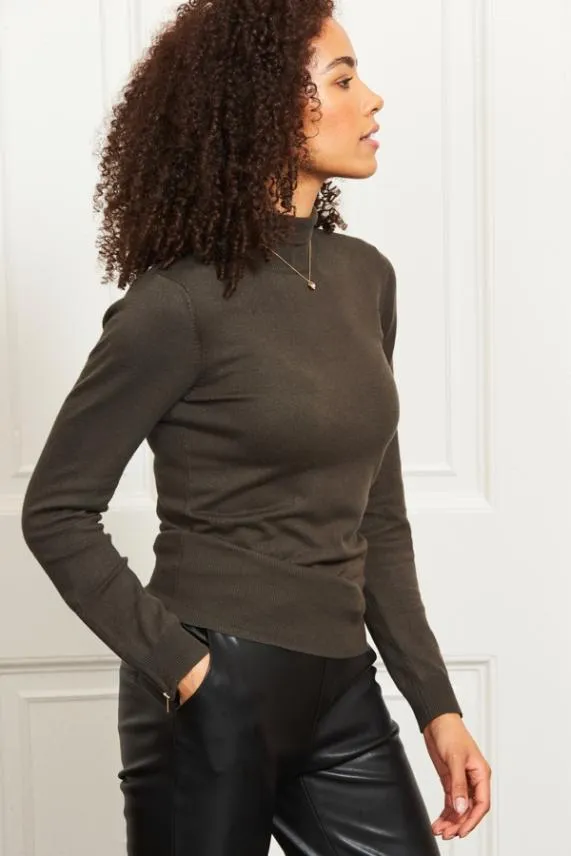 Sosandar Khaki Green Roll Neck Gold Zip Detail Jumper Khaki Green Women Knitwear