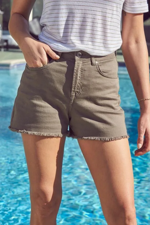 Sosandar Khaki Raw Edge Denim Shorts Khaki Women Shorts