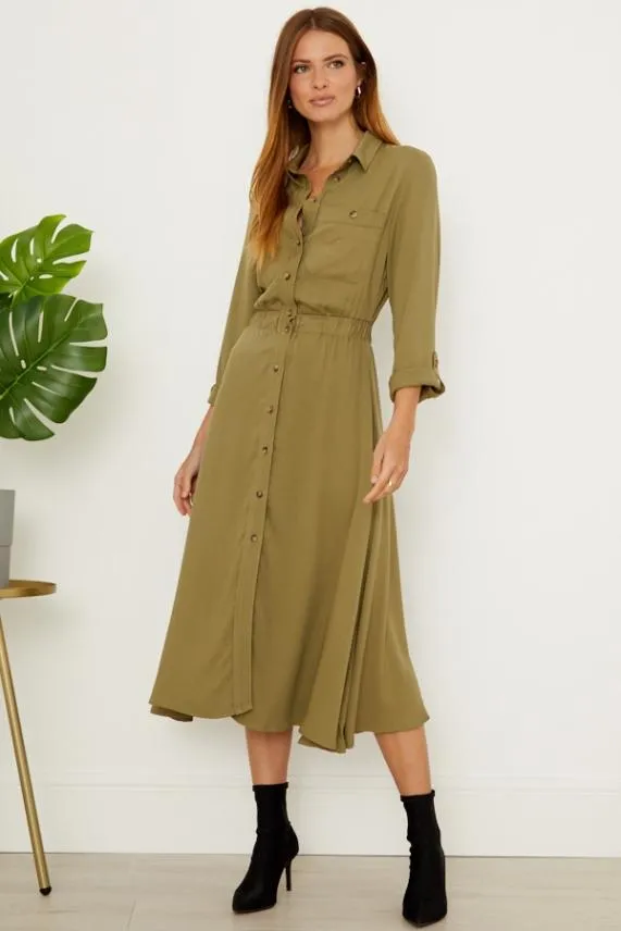 Sosandar Khaki Stretch Waist Midi Shirt Dress Khaki Women Dresses