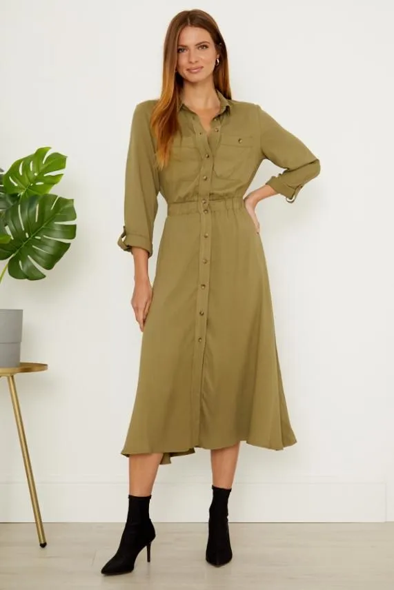 Sosandar Khaki Stretch Waist Midi Shirt Dress Khaki Women Dresses