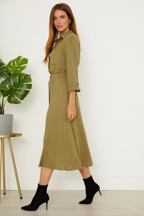 Sosandar Khaki Stretch Waist Midi Shirt Dress Khaki Women Dresses