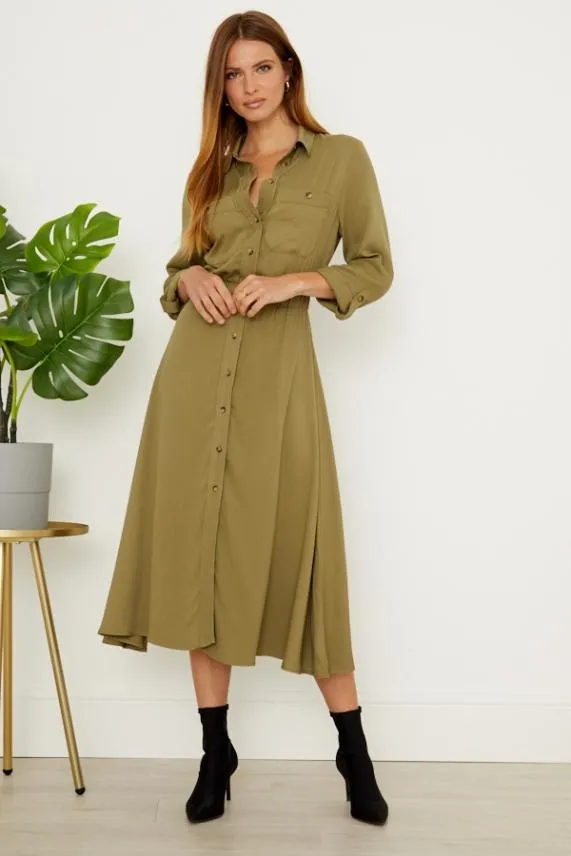 Sosandar Khaki Stretch Waist Midi Shirt Dress Khaki Women Dresses