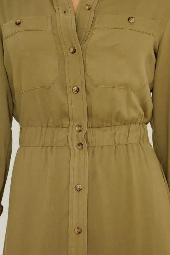 Sosandar Khaki Stretch Waist Midi Shirt Dress Khaki Women Dresses