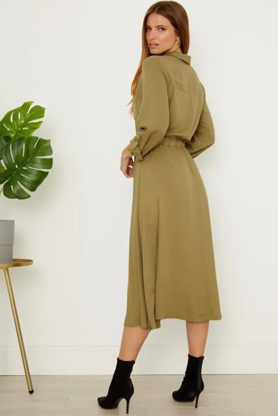 Sosandar Khaki Stretch Waist Midi Shirt Dress Khaki Women Dresses