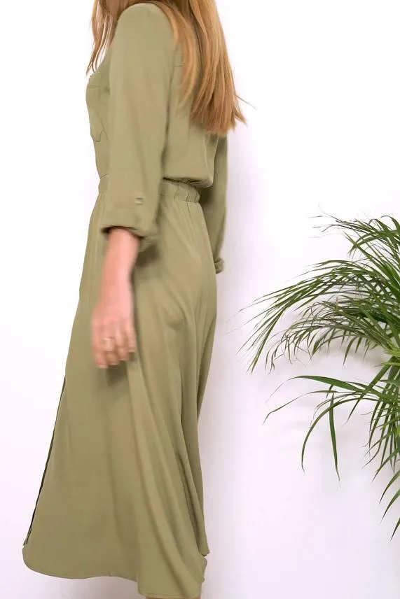 Sosandar Khaki Stretch Waist Midi Shirt Dress Khaki Women Dresses