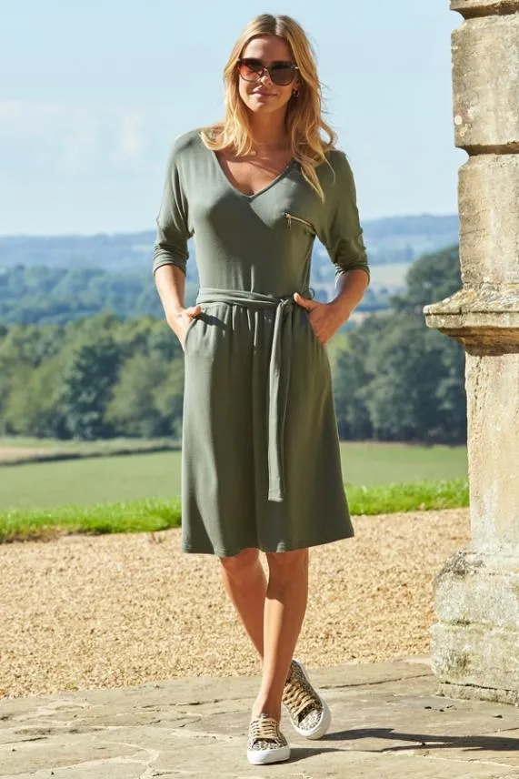 Sosandar Khaki Zip Detail Belted Jersey Dress With Pockets Khaki Women Dresses