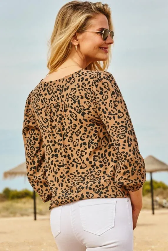 Sosandar Leopard Print Shirred Sleeve Summer Blouse Women Tops