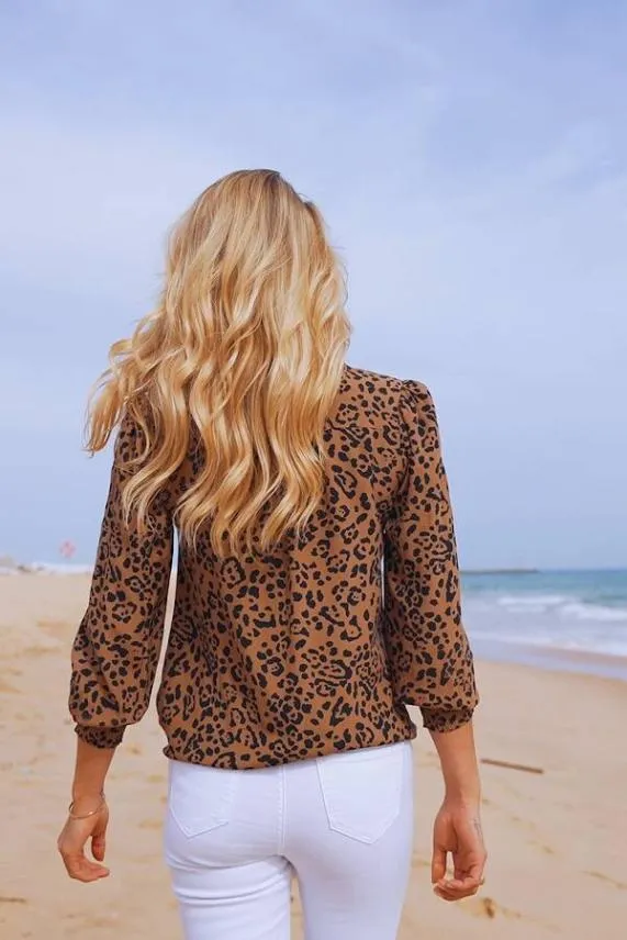 Sosandar Leopard Print Shirred Sleeve Summer Blouse Women Tops