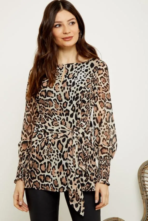 Sosandar Leopard Print Tie Front Top Women Tops