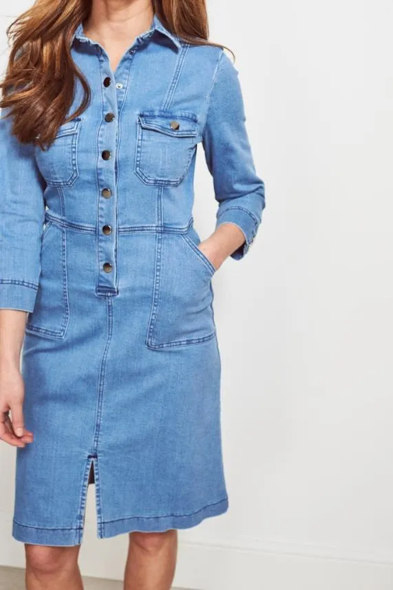 Sosandar Light Wash Popper Front 34 Sleeve Stretch Denim Dress Light Wash Women Dresses