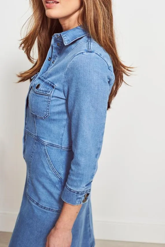 Sosandar Light Wash Popper Front 34 Sleeve Stretch Denim Dress Light Wash Women Dresses