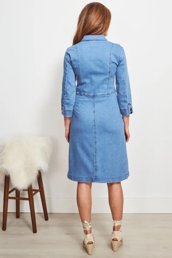 Sosandar Light Wash Popper Front 34 Sleeve Stretch Denim Dress Light Wash Women Dresses