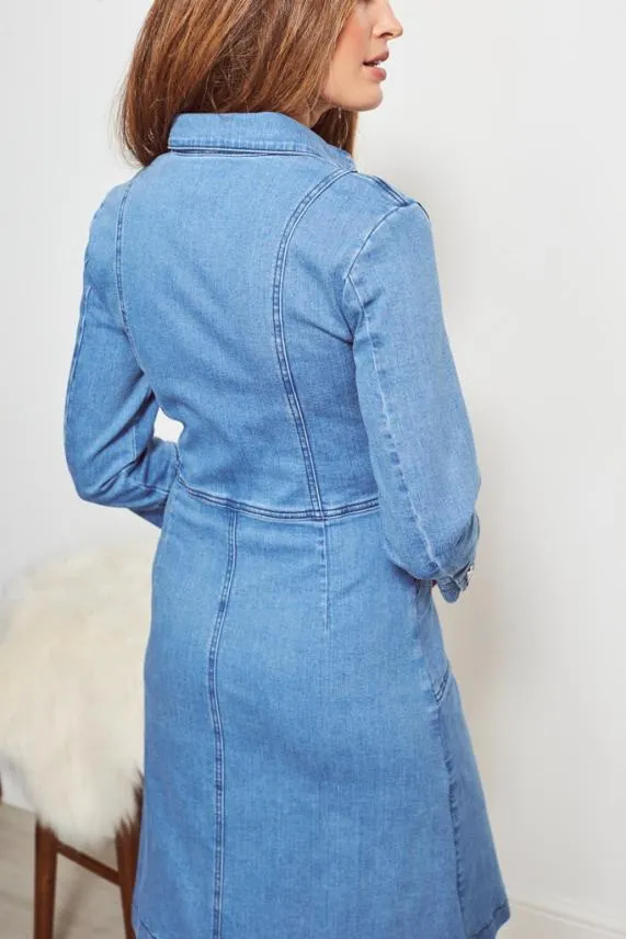 Sosandar Light Wash Popper Front 34 Sleeve Stretch Denim Dress Light Wash Women Dresses