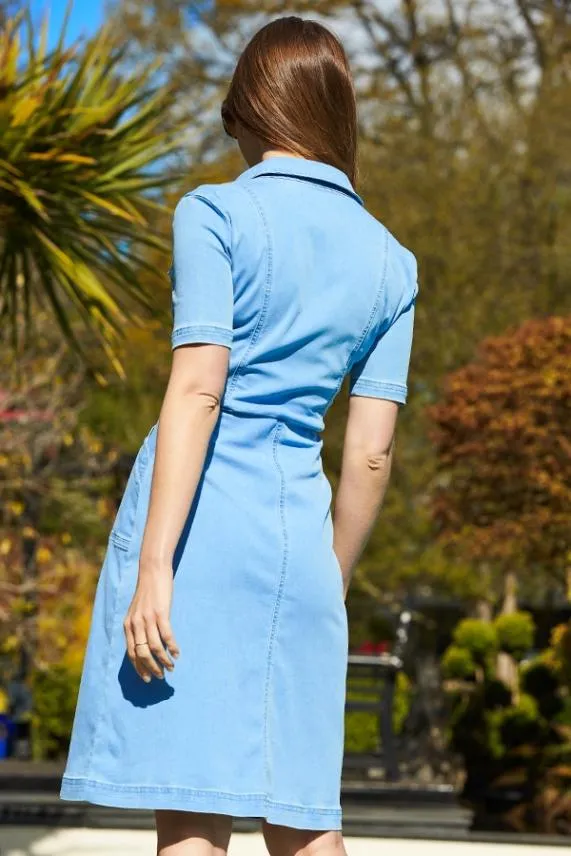 Sosandar Light Wash Popper Front Short Sleeve Denim Dress Light Wash Women Dresses