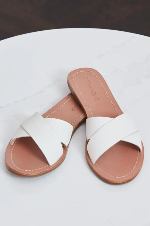 Sosandar Lisbon Ivory Leather Cross Strap Mule Flat Sandal Women Sandals and Flip Flops