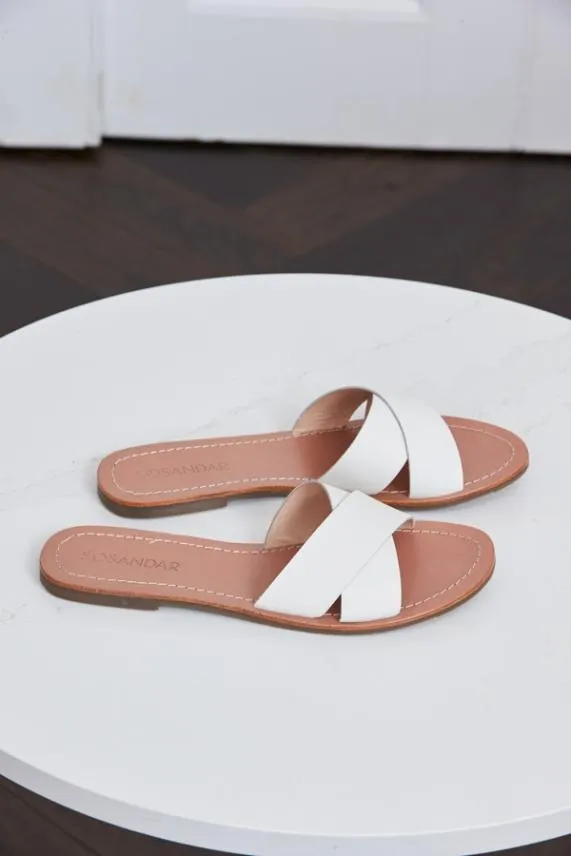 Sosandar Lisbon Ivory Leather Cross Strap Mule Flat Sandal Women Sandals and Flip Flops
