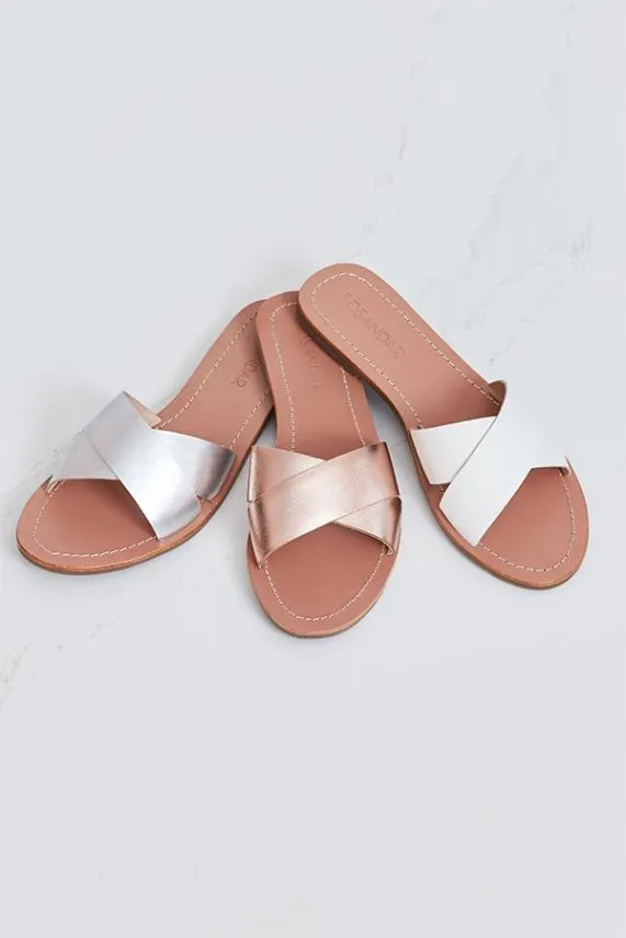 Sosandar Lisbon Ivory Leather Cross Strap Mule Flat Sandal Women Sandals and Flip Flops
